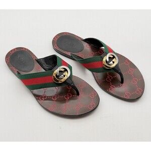 Gucci Kika GG Web Stripe Thong Sandals Black Red Flip Flop Flats EU 37.5 US 7.5